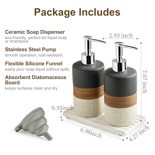 Ceramic Dish Soap Dispensers Set of 2 for Kitchen Sink and Bathroom | Hand Soap and Lotion Dispenser Set, Shampoo and Conditioner Bottles | with Stainless Steel Pump, Silicone Funnel, Tray, Black - color: Black and White, size: 2xSoap Dispenser Set with T
