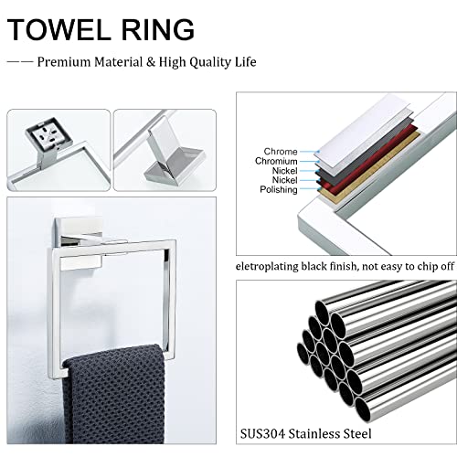TQKAG Polished Towel Ring, Bathroom Hand Towel Holder, Wall Mount | 5.5 Inch, Square Towel Ring, SUS304 Stainless Steel, Easy Installation, Bathroom Kitchen Entryway Vanity Sink - color: Polished
