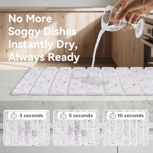 Stone Drying Mat for Kitchen Counter, 24 x 16 inches, Fast Drying Collapsible Dish Drying Mat, Eco-Friendly Absorbent Diatomaceous Earth Mats for Dishes Bottles Cups (Terrazzo) - color: Terrazzo