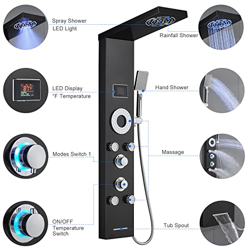 LED Shower Panel Tower System, 304 Stainless Steel Bathroom Shower Tower with 3 Body Massage Jets, Shower Column Wall Mounted - color: Black - 5 Body Jets