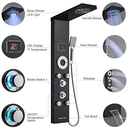 LED Shower Panel Tower System, 304 Stainless Steel Bathroom Shower Tower with 3 Body Massage Jets, Shower Column Wall Mounted - color: Black - 5 Body Jets