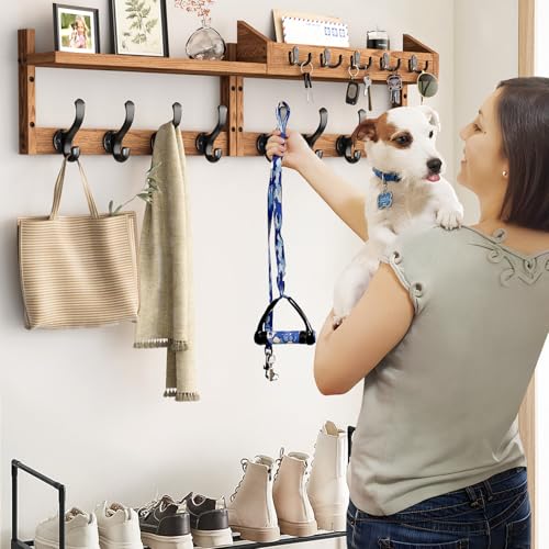 Evermagin 35" Coat Rack Wall Mount with Shelf & 13 Hooks, Entryway, Brown | Wooden Wall Mounted Coat and Key Rack with Hooks, Key Hanger with Mail Holder for Living Room, Mudroom, Bedroom - color: Brown, size: 35 inch