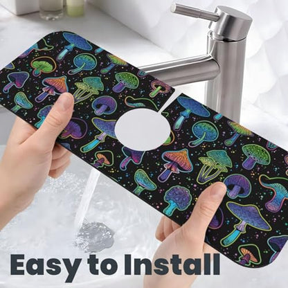 Cool Mushroom Mushrooms Kitchen Sink Splash Guard Faucet Mat Super Absorbent Fast Drying Mat Sink Gadgets-Fast Drying Pad Sink Mat For Kitchen Bathroom (15" X 5.5" ) - color: Cool Mushroom