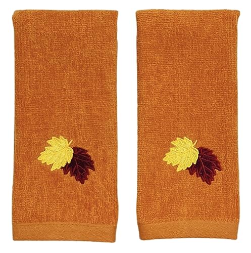 Fall Bathroom Leaf Fingertip Towels: Embroidered Gold Burgundy Leaves on Rust Orange, 2 Piece Bath Set, 12 x 18 Inches Each - color: Rust