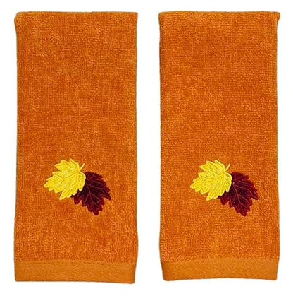 Fall Bathroom Leaf Fingertip Towels: Embroidered Gold Burgundy Leaves on Rust Orange, 2 Piece Bath Set, 12 x 18 Inches Each - color: Rust