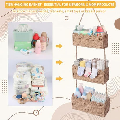 Qunclay Over The Door Hanging Basket 3-tier Decorative Hanging Nursery Baskets Large Baby Diaper Caddy Wall Mounted Woven Organizer for Home Bedroom Living Room Baby Shower Gifts