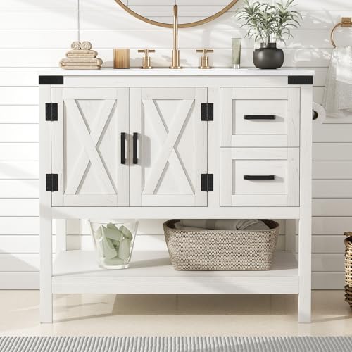 AMERLIFE 36" White Farmhouse Bathroom Vanity with Sink and 2 Drawers | Antique White, Single Solid White Integrated Top, Moisture-Resistant MDF, 2 X-Panel Door, 2 Drawer, Open Shelf, Towel Holder - color: Antique White, size: 36”