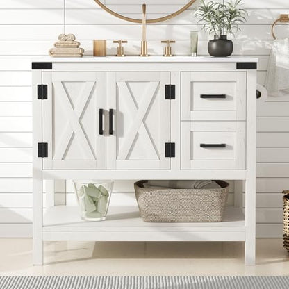 AMERLIFE 36" White Farmhouse Bathroom Vanity with Sink and 2 Drawers | Antique White, Single Solid White Integrated Top, Moisture-Resistant MDF, 2 X-Panel Door, 2 Drawer, Open Shelf, Towel Holder - color: Antique White, size: 36”
