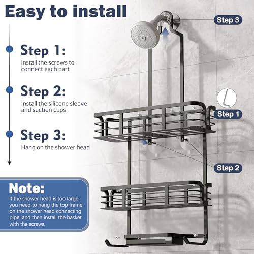Shower Caddy Hanging, Never Rust Aluminum Shower Organizer, Over Showerhead No Drilling Shower Racks, with Soap Holder Multi Hooks Bathroom Storage for Shampoo Sponge, Black - color: Black