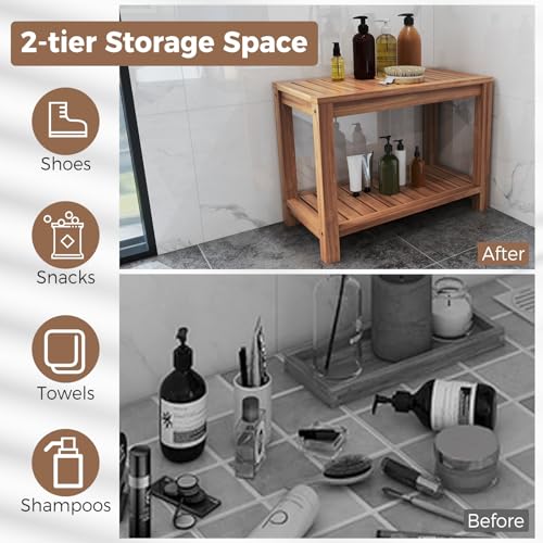 Giantex Teak Shower Bench with Shelf, 24 Inch Shower Stool with Slatted Seat for Elderly Seniors, Waterproof Bathroom Spa Bathing Seat Foot Rest Entryway Bench for Indoor and Outdoor Use - size: 24" x 12.5" x 18"