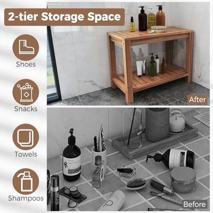 Giantex Teak Shower Bench with Shelf, 24 Inch Shower Stool with Slatted Seat for Elderly Seniors, Waterproof Bathroom Spa Bathing Seat Foot Rest Entryway Bench for Indoor and Outdoor Use - size: 24" x 12.5" x 18"