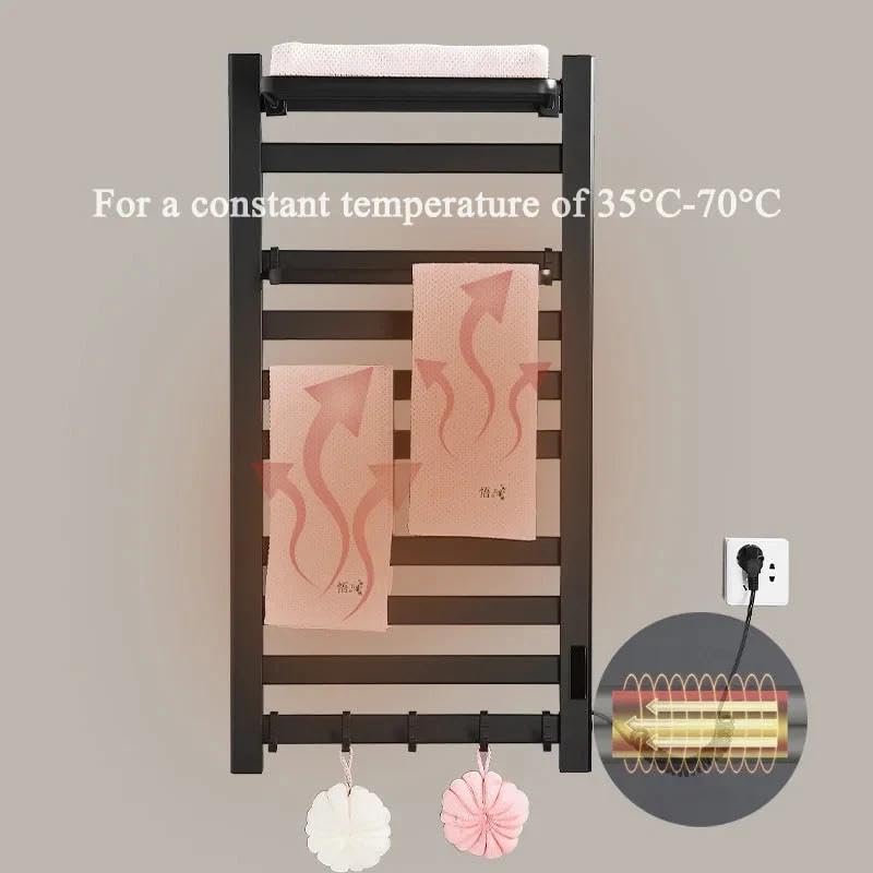 MOS Matte Black Electric Heated Towel Rack | Wall Mounted Towel Warmer with Digital Temperature Control Top Shelf Hooks Stainless Steel Towel Dryer for Bathroom - size: 21*66