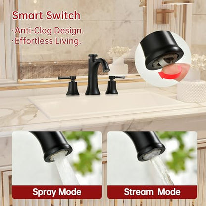 SUMERAIN Matte Black 8" Widespread Bathroom Sink Faucet 3 Hole 2 Handle | Transitional Style, Temperature Memory, Dual Spray Modes, Solid Brass - color: Matte Black