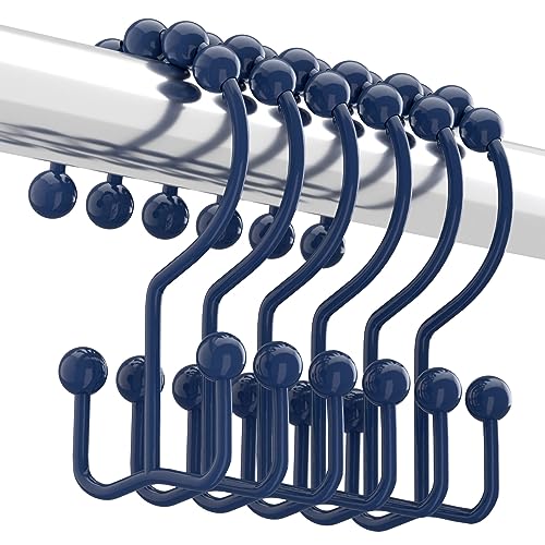 Titanker Shower Curtain Hooks Rings, Rust-Resistant Metal Double Glide Shower Hooks for Bathroom Shower Rods Curtains, Set of 12 Hooks - Navy Blue - color: Navy Blue, style: Modern