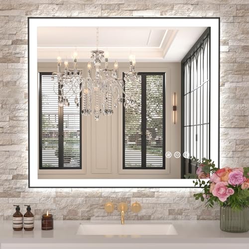 Amorho 36"x32" LED Bathroom Mirror, Frontlit&Backlit, Controlled Separately | Black Metal Frame, Stepless Dimmable, Anti-Fog, HD Reflection, Shatter-Proof, 3 Colors Lighting, Memory, UL Listed - color: Front and Backlit With Frame(separate Dimming), size: