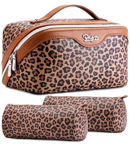 BOYATU Travel Makeup Bag for Women: 3 Pcs Set Portable Make up Bags with Handle - Leopard Print Cosmetic Bags with Comparments - Waterproof Vegan Leather Toiletry Bag (A-1-Brown) - color: 02-A-Brown