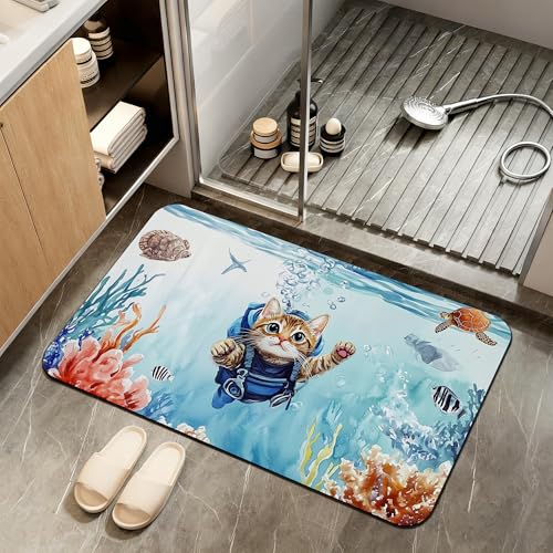 Diatomaceous Earth Bath Mat,Funny Cat Bath Rugs,Blue Sea Ocean Non-Slip Thin Absorbent Fast Drying Easy to Clean for Bathroom Laundry Home Kitchen Door Mat 17x29.5Inch - color: Funny Cat,blue Sea Ocean