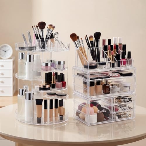 Canchiing Acrylic Makeup Organizer Set, 360 Rotating Makeup Organizer, Clear Drawer Vanity & Countertop Cosmetic Storage for Brushes, Jewelry, for Vanity, Bathroom, Bedroom, Closet