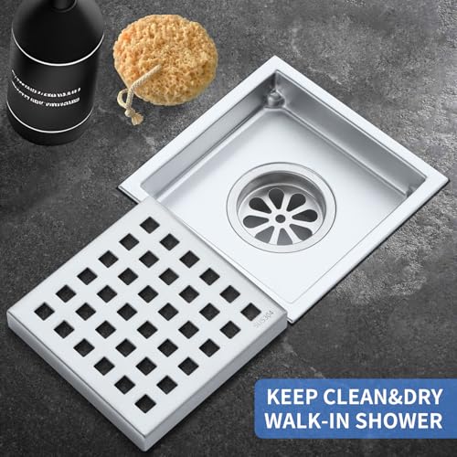 Square Shower Drain 4-Inch. with ABS Flange, Removable Grille,Bathroom Brushed Stainless Steel Shower Floor Drain - color: 4-inch Brushed