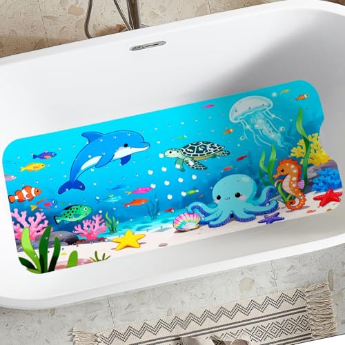 Bathtub Mat for kids Non slip, Dolphins swim happily in the sea (Blue) | 40"x16", Extra Long, Soft, Suction Cup for Strong Grip, Eco Friendly, Easy Clean, Machine Washable - color: Blue