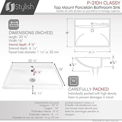 Stylish Drop in Bathroom Sink 20 1/4 x 16 Inch Porcelain Rectangular Bathroom Sinks Shiny Finish Smooth and Stain Resistant Surface with Chrome and Matte Black Overflow, P-210H - style: Modern