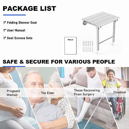 Folding Shower Seat, Wall Mounted Bathroom Safety Stool Chair with Support Legs, Foldable Wall Wood Shower Bench for Seniors (White)