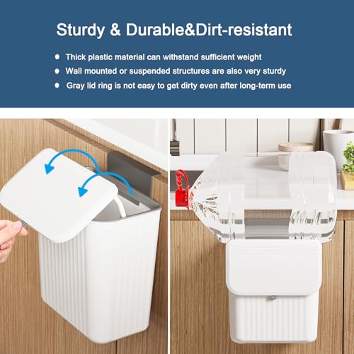 Kitchen Compost Bin Cabinet Hanging Small Trash Can with Lid 2.4 Gallon | Food Waste Bin for Counter Top Under Sink Rv Wall Mounted Bathroom Trash Can - color: white