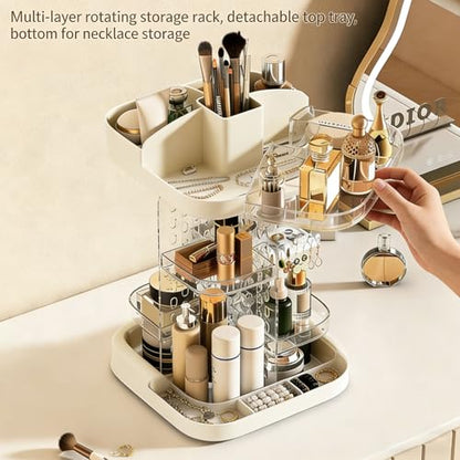 360 Spinning Rotating Makeup Organizer for Vanity with Adjustable Trays Lipstick Earring Storage Makeup Desk Storage Carousel Rack, Cosmetic Display Cases for Dresser Bathroom Holder (Cream)