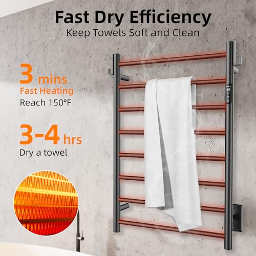 P&Dlusir EL13 Heated Towel Rack, Matte Black, 8 Bar | Fast Heat in 2 Min, Smart Timer, Thermo Control, Memory Functoion, Stainless Steel, Hard-Wired/Plug-in - color: Matte Black, size: 21.65"W x 31.54"H