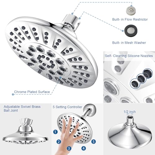 Low Flow High Pressure Replacement Shower Head Screw on,Durable Copper 6 Inch Fixed Showerhead with 5 Spray Modes,Only Detachable Showerhead 360°Rotating Shower Head for RV,Bathroom Essentials