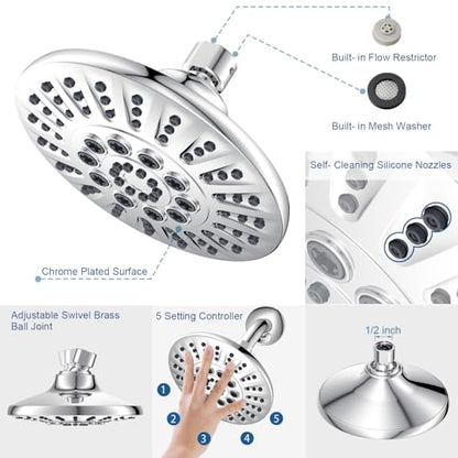 Low Flow High Pressure Replacement Shower Head Screw on,Durable Copper 6 Inch Fixed Showerhead with 5 Spray Modes,Only Detachable Showerhead 360°Rotating Shower Head for RV,Bathroom Essentials