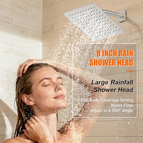 Shower System Modern Rain 8 inches Brass Faucet Set With Valve and Diverter Shower Mixer With Handheld High Pressure Square Rainfall Shower Valve (8'' Wall Mount, Brushed Nickel) - color: Brushed Nickel, style: 8'' Wall Mount