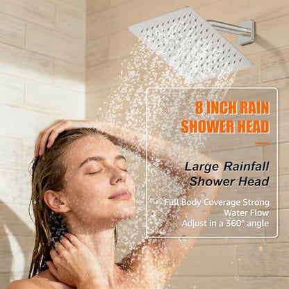 Shower System Modern Rain 8 inches Brass Faucet Set With Valve and Diverter Shower Mixer With Handheld High Pressure Square Rainfall Shower Valve (8'' Wall Mount, Brushed Nickel) - color: Brushed Nickel, style: 8'' Wall Mount