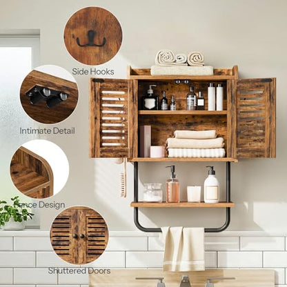HOOBRO Bathroom Wall Cabinet, Double Doors Medicine Cabinet with Towel Bar, Adjustable Shelf, 2 Hooks, Over The Toilet Storage Cabinet, for Bedroom, Kitchen, Rustic Brown BF46CW01 - color: Rustic Brown + Black