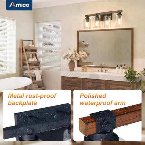 Amico 4-Light Farmhouse Bathroom Vanity Light, Seeded Glass, Black & Wood | Bubble Glass Shade Wall Sconce, Over Mirror Lighting for Bathroom, Bedroom, Living Room, Hallway, Powder Room, Entryway - size: 4-Light