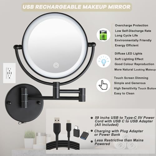 8" Wall Mounted Lighted Makeup Vanity Mirror, 10X Magnifying, Matte Black | Double-Sided, Bathroom, Touch Dimming, 3 Color Lighting, Brass Extendable Arm 360 Swivel Shaving, Hardwired - color: Matte Black