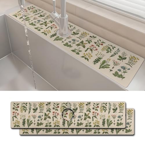 2PCS 24" X 5.5" Kitchen Sink Splash Guard Faucet Mat Floral Super Absorbent Fast Drying Faucet Guard & Draining Mat Sink Splash Guard Behind Faucet for Kitchen, Bathroom - size: 24" x 5.5"（2pcs）
