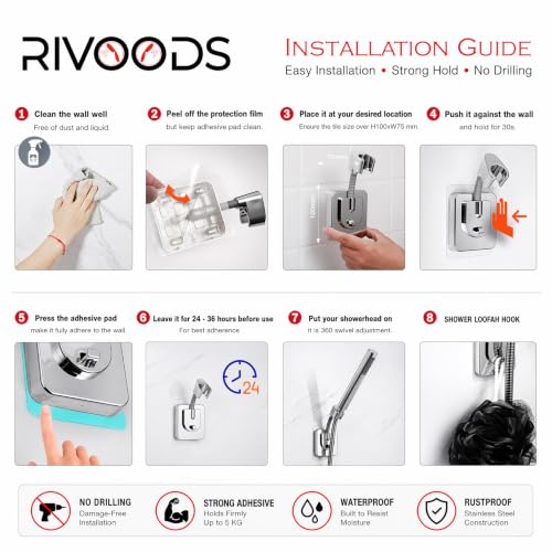 Adhesive Handheld Shower Head Holder - 360 Swivel Adjustable - Wall Mount Shower Wand Holder - (Chrome Finish)