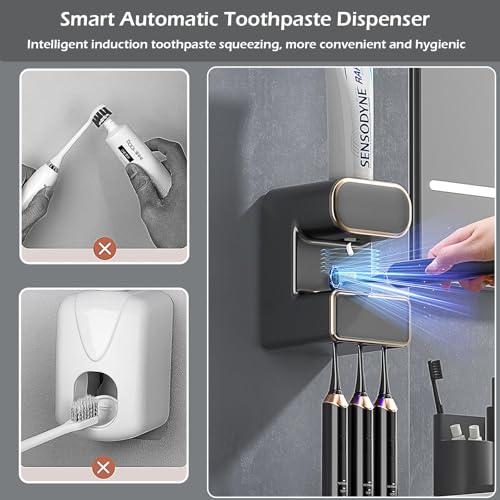 Automatic Toothpaste Dispenser, Electric Toothpaste Dispenser Multi-Function, Toothpaste Dispenser Wall Mounted with 3 Brush Slots, Toothbrush Organizer and Holder for Bathroom (Black) - color: Black