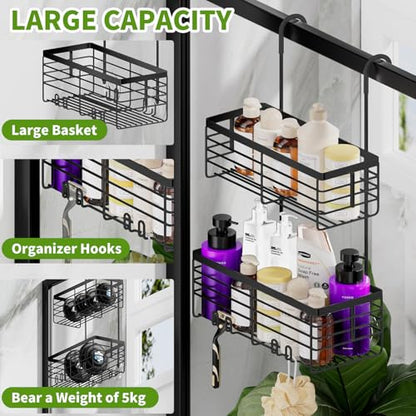 SHANSHUI Shower Hanging Caddy, Double Bathroom Showers Organizer Basket, Shampoo Bracket, Over Door Shower Rack with Hooks, 304 Stainless Steel Rustproof - size: 10.81"D x 4.7"W x 13.6"H