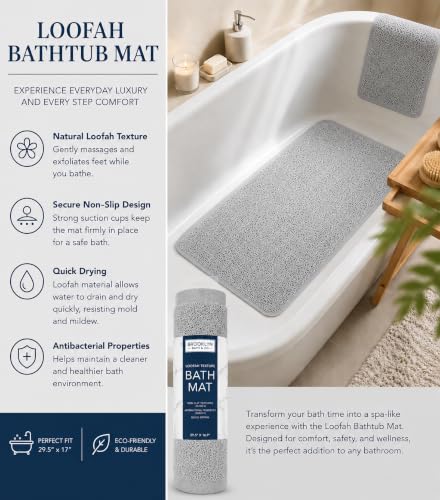 Home Expressions Non Slip with Suction Cups Loofah Bathmat 27"x15" & 29.5"X16.9", PVC Loofah Bathroom Mats, Loofah Mats for Shower and Bathroom, Quick Drying, (Light Grey 29.5"X16.9") - size: LIGHT GREY 29.5"X16.9"