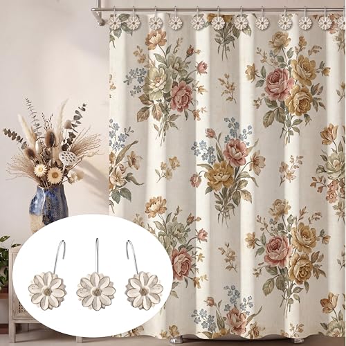 BreezeHug 12 Pcs Boho Shower Curtain Hooks Decorative Shower Curtain Hangers for Bathroom Rod Resin Round Rings with White Flower Pattern, Waterproof - style: Flower