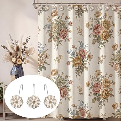 BreezeHug 12 Pcs Boho Shower Curtain Hooks Decorative Shower Curtain Hangers for Bathroom Rod Resin Round Rings with White Flower Pattern, Waterproof - style: Flower