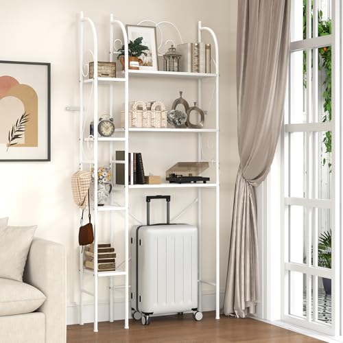 7-Tier Over the Toilet Storage Rack, Heavy-Duty Metal Bathroom Organizer with Adjustable Shelf, Toilet Paper Holder & Side Hooks, Space Saver for Small Bathrooms, Laundry Room & Apartments, White