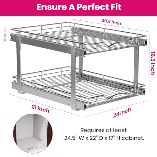 2-Tier Pull-Out Cabinet Organizer for Kitchen, 24" W x 21”D x 16.5" H | Full-Extension Sliding Shelves, Holds 100 lbs, Easy Install for Kitchen, Pantry & Under Sink Cabinets - size: 24 Inch