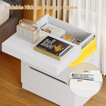Nightstands Set of 2, Night Stand with 2 Drawers, Nightstand with App-Controlled Adjustable LED Light, Bedside Table with Slidable Hidden Storage Space, Modern Nightstands for Bedroom,White - color: Unbzx031wd2-zf