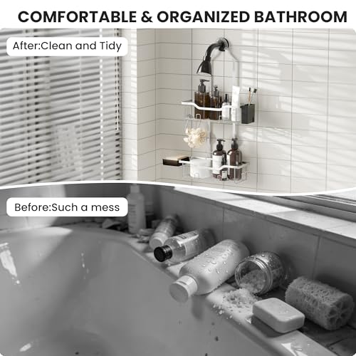 Shower Caddy Hanging 2-Tier Shower Organizer for Tall Showerhead,Rustproof Over Shower Head Rack,No Drill Bathroom Shower Caddy with Soap Dish,Toothbrush Holder and Hooks,Silver - color: Upgraded Silver