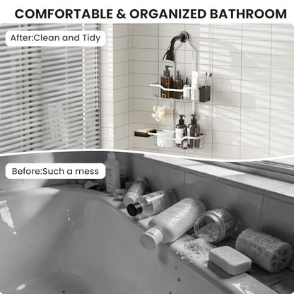 Shower Caddy Hanging 2-Tier Shower Organizer for Tall Showerhead,Rustproof Over Shower Head Rack,No Drill Bathroom Shower Caddy with Soap Dish,Toothbrush Holder and Hooks,Silver - color: Upgraded Silver