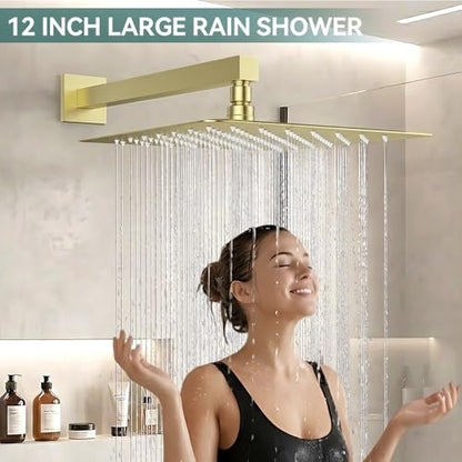STARBATH Shower Faucet Set Shower System with Diverter Valve, Brushed Gold | 12" Wall Mount Rain Shower Head and Handheld Spray for Two Person, Shower System with Diverter Valve and Trim Kit Complete - color: Gold, size: 12"-01