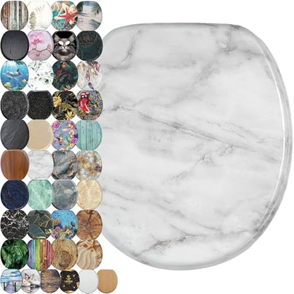 SANILO Wooden Toilet Seat with Soft Close [ROUND] - Decorative, Quiet & Slow Close Molded Wood Seat - With Strong Bumpers & Hinges - Adjustable Fit – Marble - color: Marble
